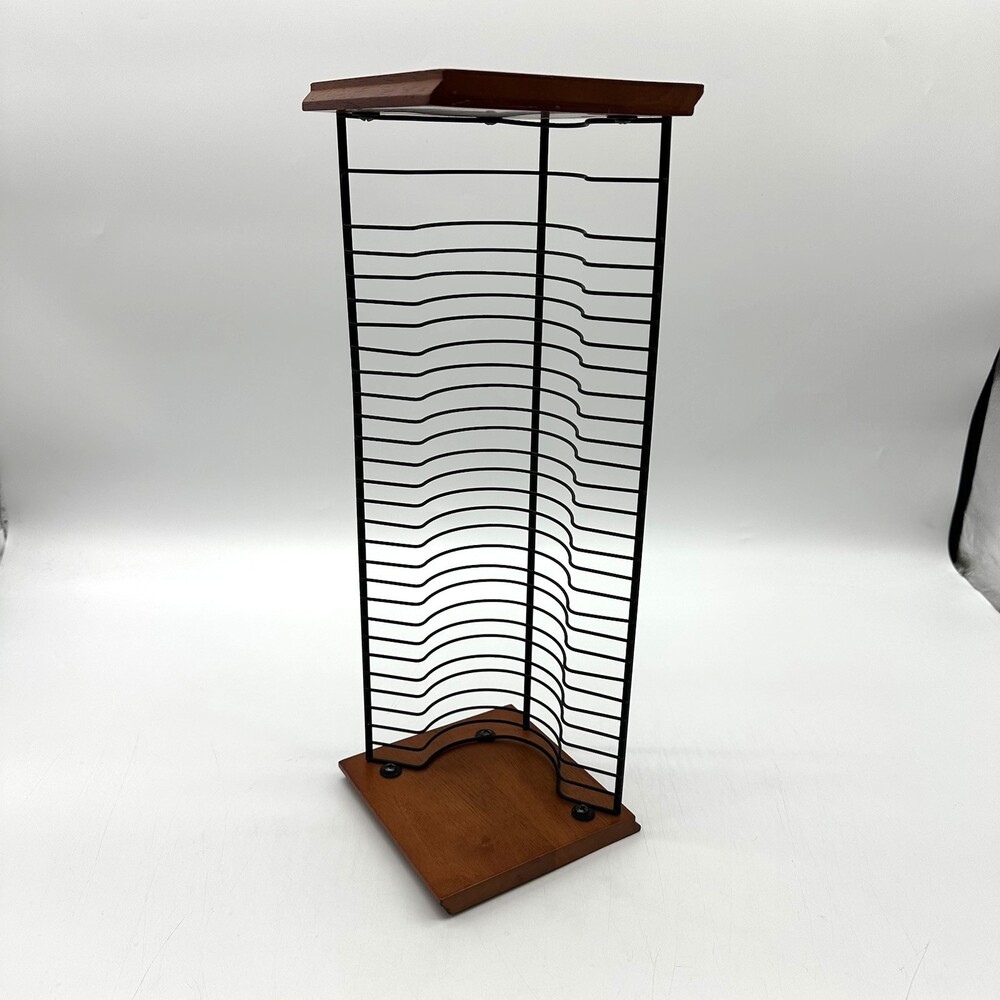 Vintage Wood & Wire 18” Tall Standing Desktop CD Tower Stack Rack - Holds 28 CDs